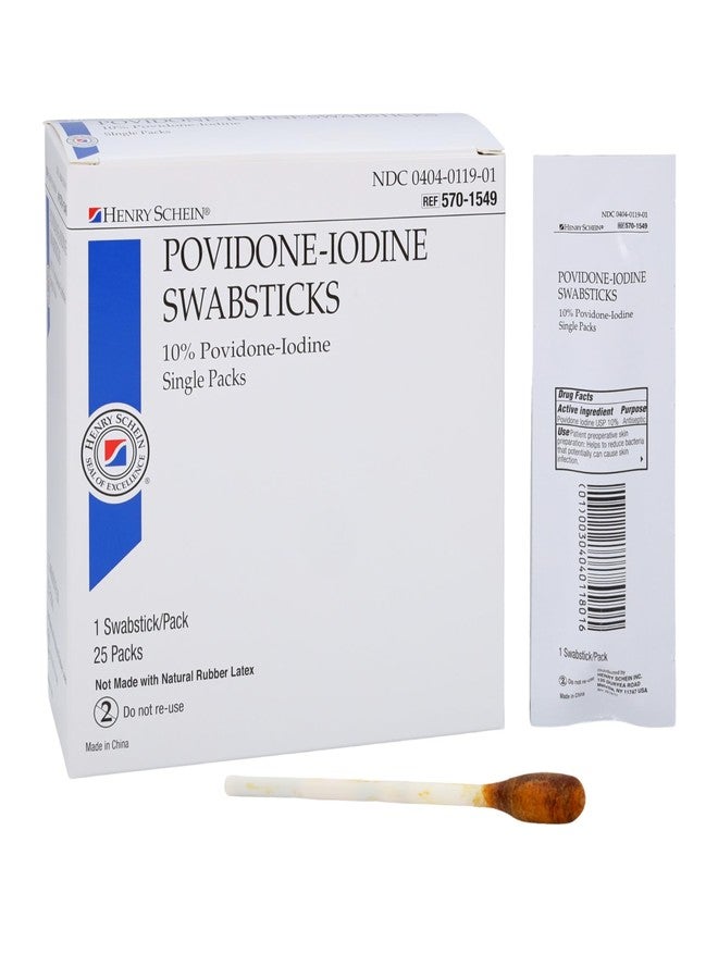 Henry Schein Prep Povidone-Iodine Swabsticks 1's- Individually Packed, Sterile, Antiseptic for Skin Preparation, 10% Povidone-Iodine- 25/BX - Image 1